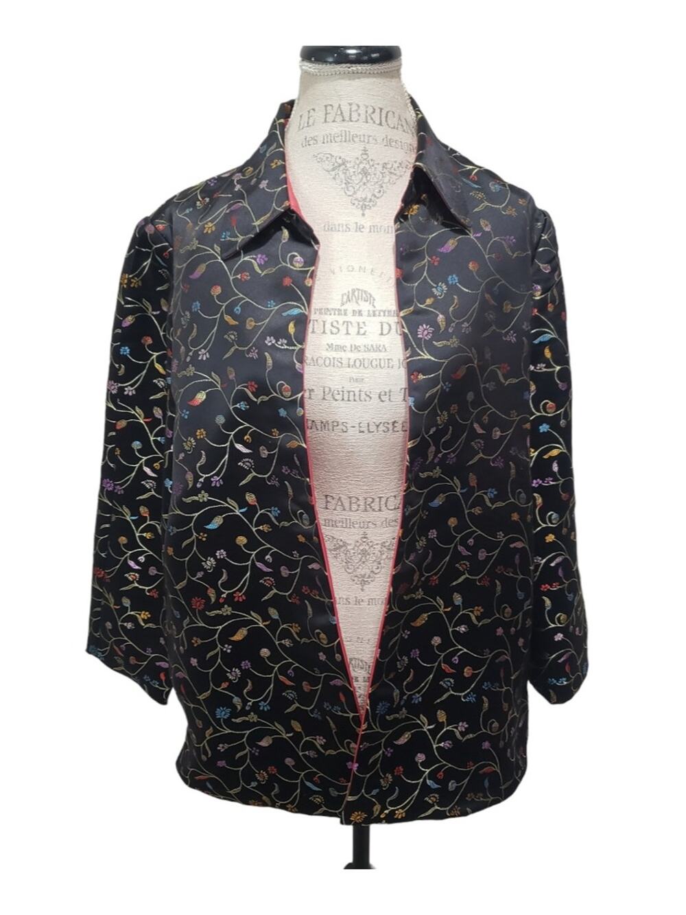 Robert Louis Lined Black Metallic Floral Silk Blend Open Front Collared Jacket